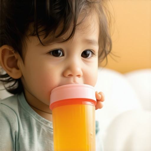 Child happily drinking water from a colorful sippy cup at bedtime
