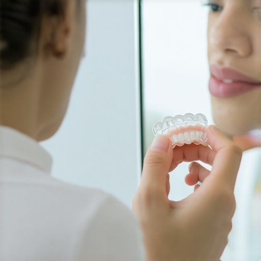 Person holding Invisalign aligner near face with mirror