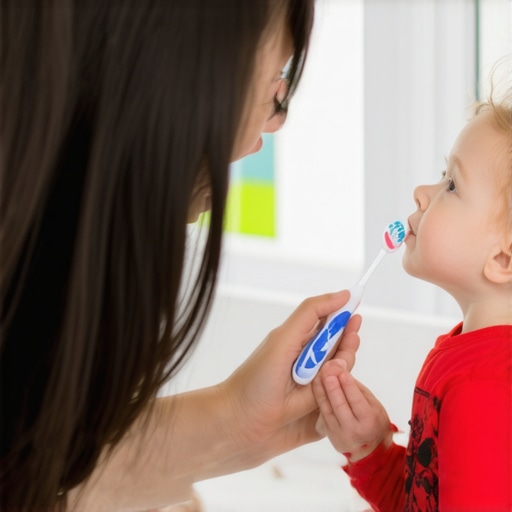 Parent and toddler practicing safe toothbrushing in the bathroom