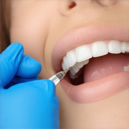 Dental professional performing teeth whitening during a clinic session.