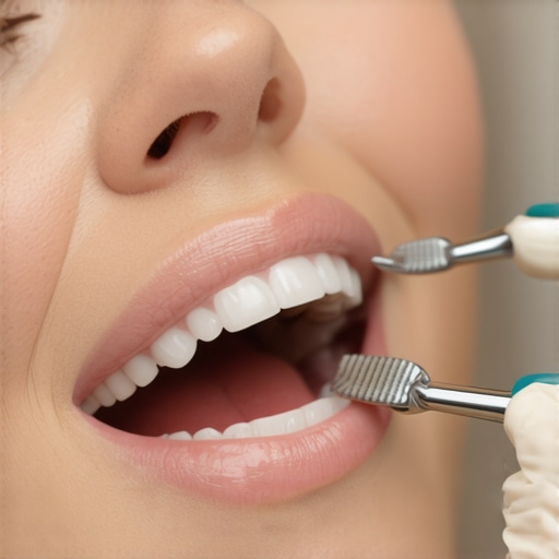 Dentist showing correct brushing methods to a patient in a clinic.