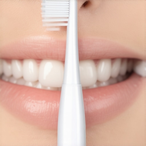 A toothbrush with a slim handle reaching the back molars at an angle for comfortable brushing.