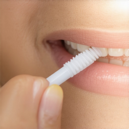 Person cleaning clear dental retainer with toothbrush and cleaning solution