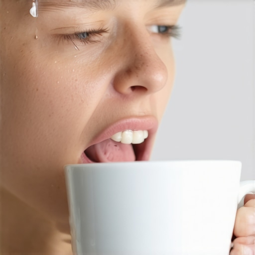 Person rinsing mouth with water after coffee to prevent stains