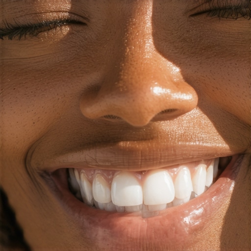 A smile showing porcelain veneers under natural sunlight emphasizing light interaction.