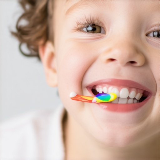Smiling toddler holding a colorful toothbrush during brushing time
