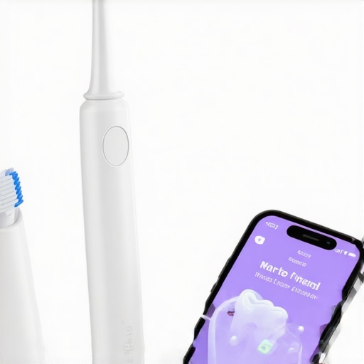 Tools for Maintaining a Healthy Smile Close-up of a sonic toothbrush, water flosser, and a smartphone with a dental habit tracking app.