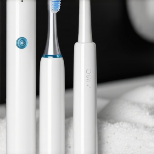 Ultrasonic dental cleaner and electric toothbrush on bathroom counter
