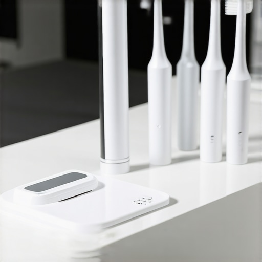 Various modern dental cleaning devices including ultrasonic cleaner, UV toothbrush sanitizer, and smart toothbrush on a countertop.