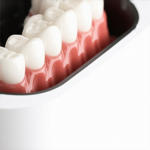 Advanced Ultrasonic Dental Cleaner in Action A sleek ultrasonic dental cleaning device cleaning dental aligners