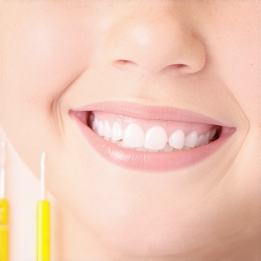 Close-up of a child's teeth showing white spots, dental instruments nearby.