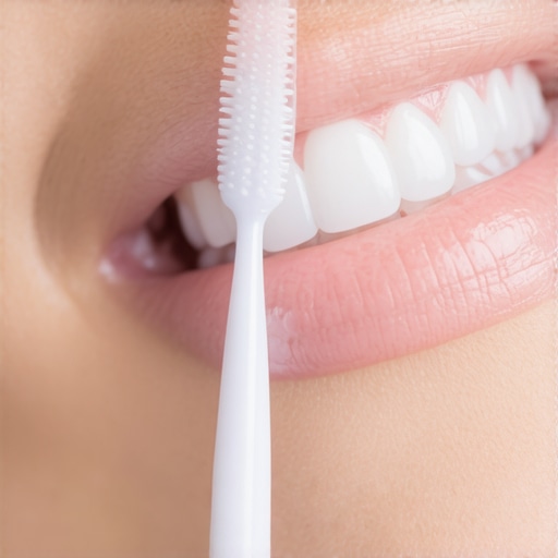 Person brushing clear aligners with a soft brush and cleaning solution.