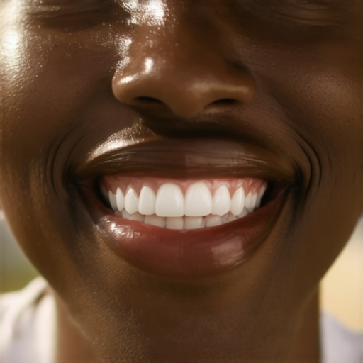 Person smiling outdoors showing well-aligned, bright teeth.