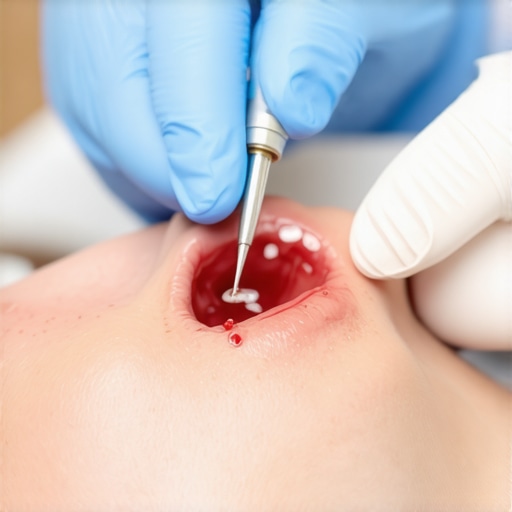 Close-up of a dentist checking patient's gum health during examination.