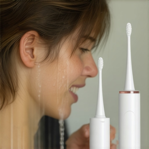 Effective Dental Maintenance Tools A person using a water flosser and electric toothbrush for dental care