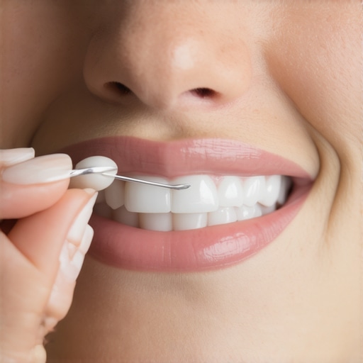 Person using floss threader around dental bridge for cleaning
