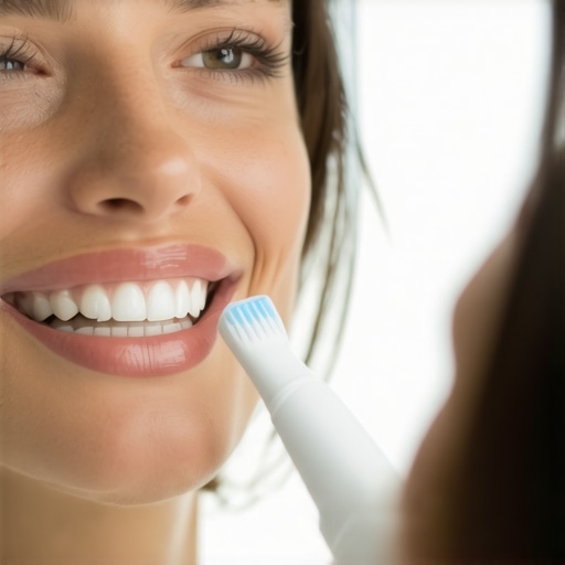 Effective Smile Maintenance with Sonic Toothbrush Person brushing teeth with an ultrasonic toothbrush in front of mirror.