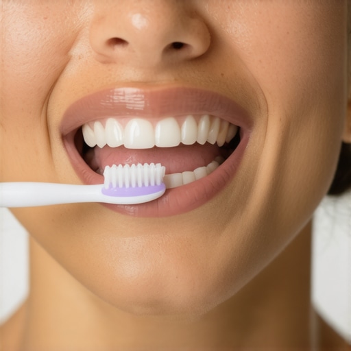 Person brushing teeth gently with a toothbrush emphasizing proper technique