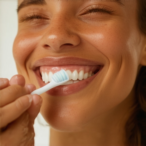 Person demonstrating proper tooth brushing technique in bathroom