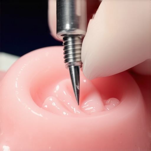 Person filing a clear orthodontic aligner with a small fine file to remove rough edges.
