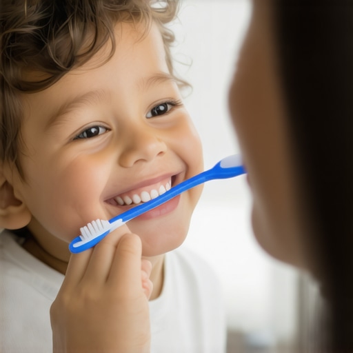 Guided Gentle Brushing A parent helping a child brush teeth gently in front of a mirror