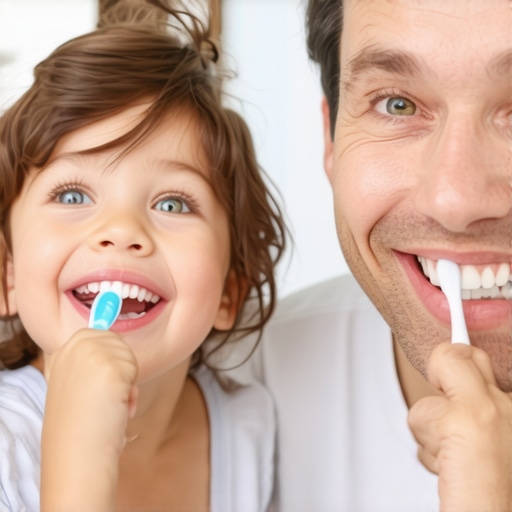 A joyful toddler and parent brushing teeth together in a bathroom