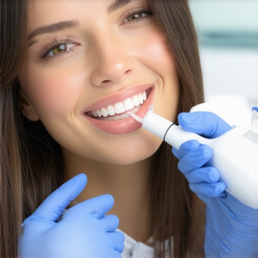 High-Tech Tools for Long-Term Dental Care Dental hygienist showing water flosser in clinic