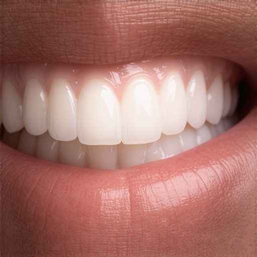Person holding veneer shade guide next to their teeth under sunlight.