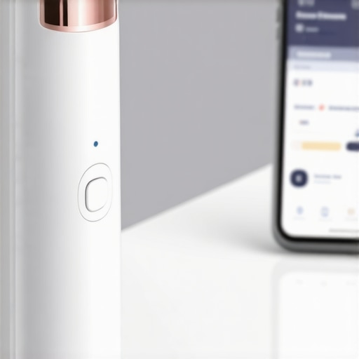 Modern Dental Maintenance Tools Ultrasonic dental cleaner and a smartphone displaying dental health app interface
