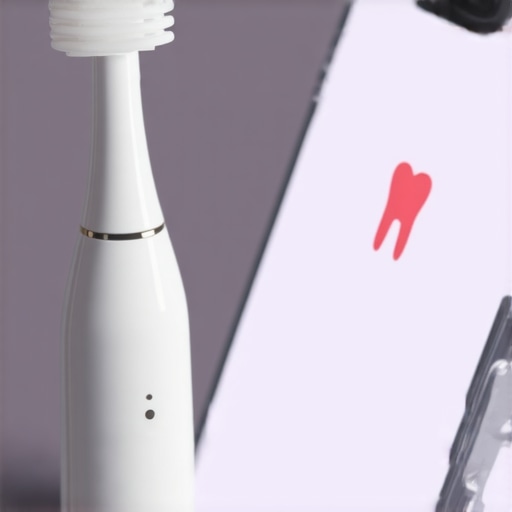 Electric toothbrush with digital timer and smartphone displaying dental app for optimal oral health