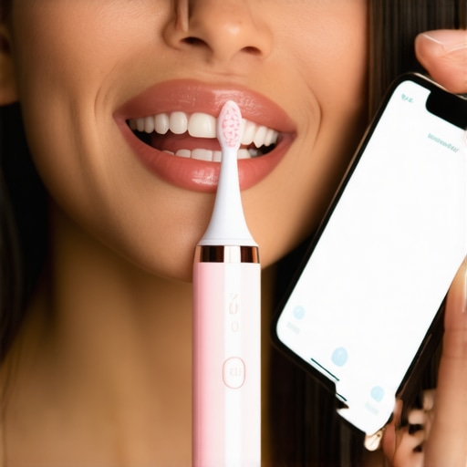 Person brushing teeth with a high-tech sonic toothbrush connected to a smartphone.