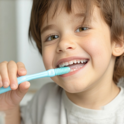 Parent assisting child with brushing back teeth in bathroom