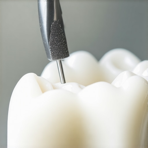 Dental professional carefully filing a sharp edge of an Invisalign aligner with an emery board