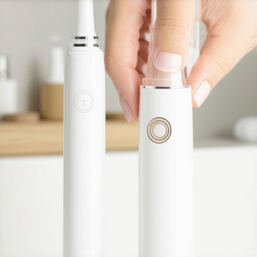 Sonic toothbrush and water flosser for dental care Manual of dental maintenance tools including sonic toothbrush and water flosser on bathroom counter.