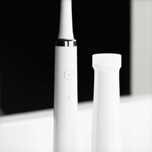 Electric toothbrush and teeth whitening products on bathroom countertop