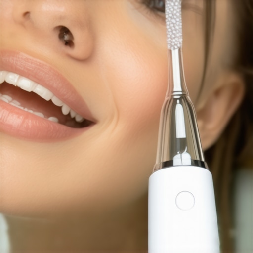 Ultrasonic toothbrush and app for dental maintenance Person brushing teeth with sonic toothbrush linked to smartphone app showing brushing data.