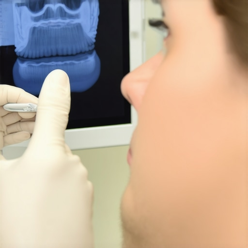 Dentist presenting digital X-ray images during consultation.