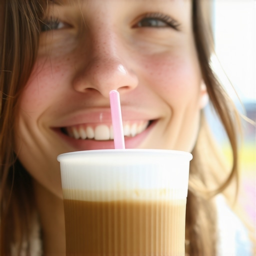 Person sipping coffee with a straw to protect veneers from stains