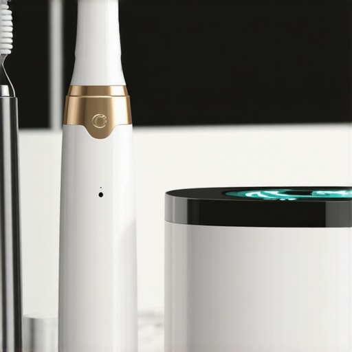 Advanced Dental Maintenance Tools High-tech toothbrush and ultrasonic cleaner on a bathroom counter