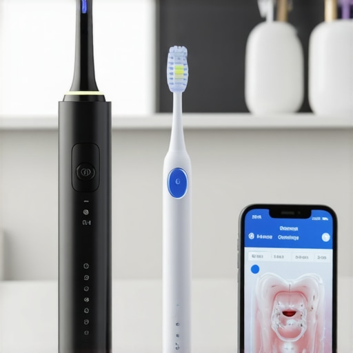 Advanced Dental Maintenance Tools Modern dental tools including a water flosser and sonic toothbrush for veneer and Invisalign maintenance.