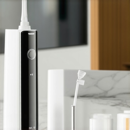 Advanced tools for dental maintenance at home Modern water flosser and dental wax on a marble bathroom counter