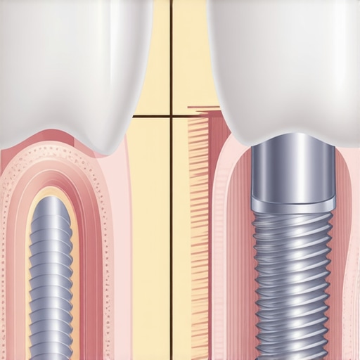 Anatomical Structure of Natural Tooth vs Dental Implant Diagram comparing periodontal ligament in natural teeth to osseointegration in dental implants.