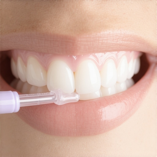 A close-up demonstration of a person applying a whitening strip to dry front teeth.