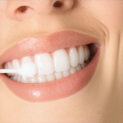 Applying desensitizing toothpaste mask Close up of person applying toothpaste to teeth with a swab