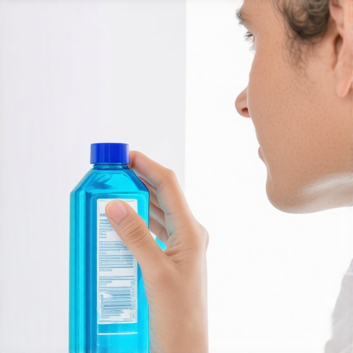 Checking mouthwash ingredients A person reading labels on a mouthwash bottle to find alcohol content