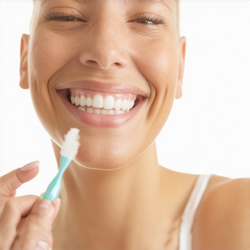 A person comparing their teeth to a dental shade guide for a natural whitening look.