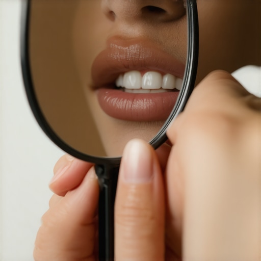 Checking veneer edges for smooth finish Person performing a fingernail test on their dental veneers to check for grit or resin flash