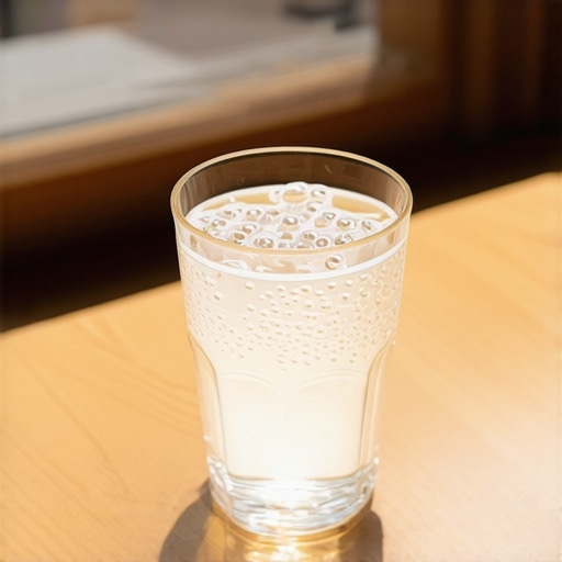Cleaning clear aligners in a hydrogen peroxide soak Clear aligner tray soaking in a glass of hydrogen peroxide solution on a sunny windowsill to remove stains.