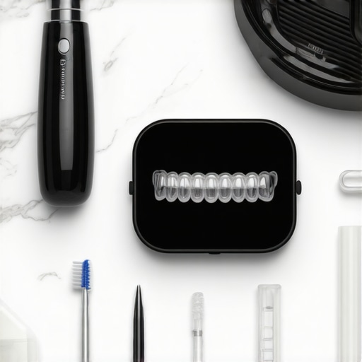 Clinical Dental Travel Kit for Smile Maintenance A travel kit featuring a portable water flosser, orthodontic wax, and clear aligners on a white background.