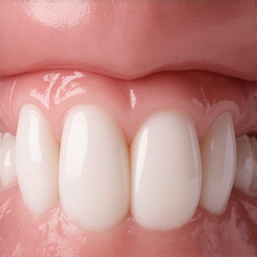 Comparing natural enamel and porcelain veneers A detailed close-up of a dental model showing natural teeth next to a porcelain restoration.
